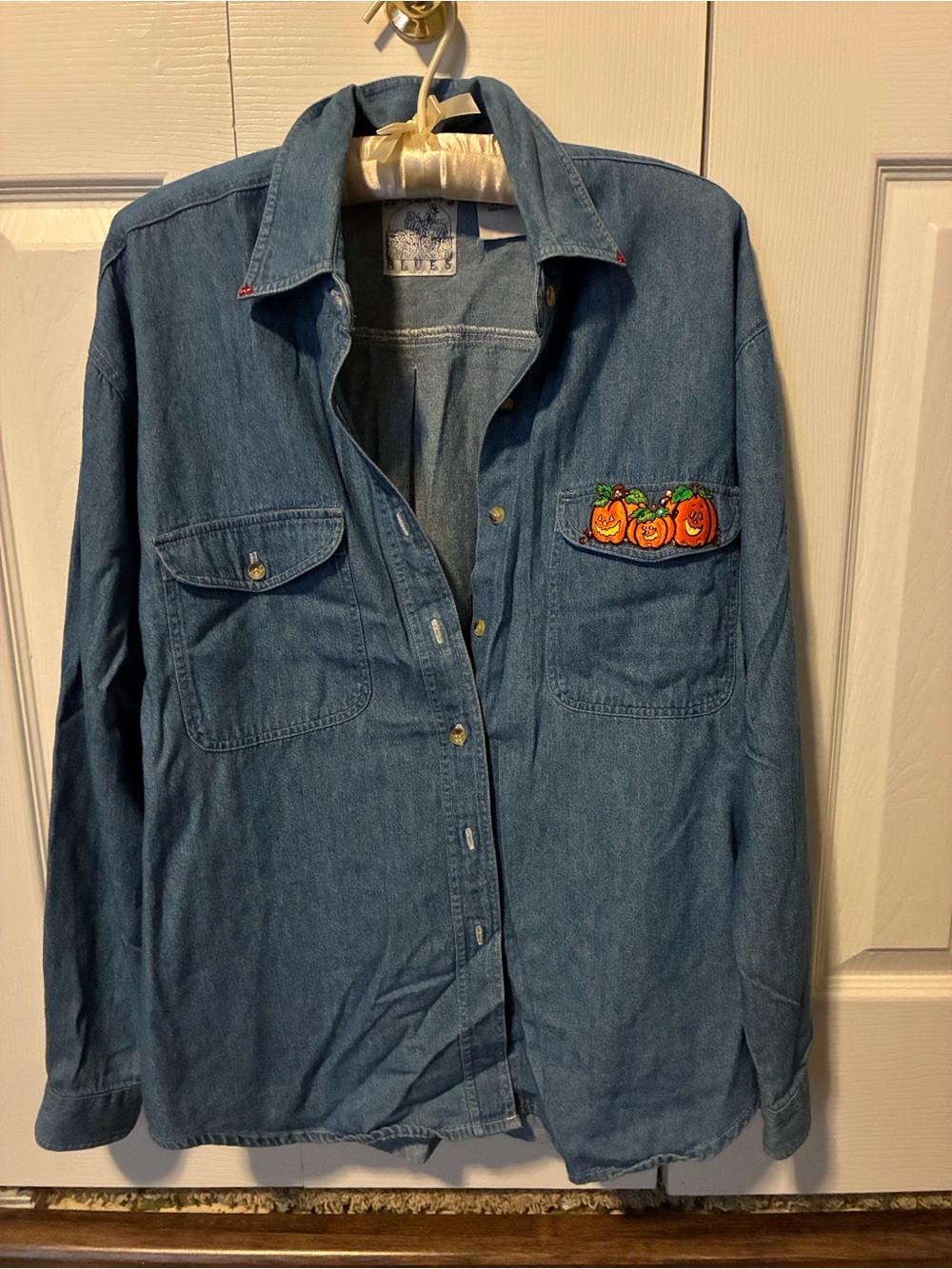 Women’s medium Denim Button-Up Shirt with Pumpkin Patch Embroidery - Blue